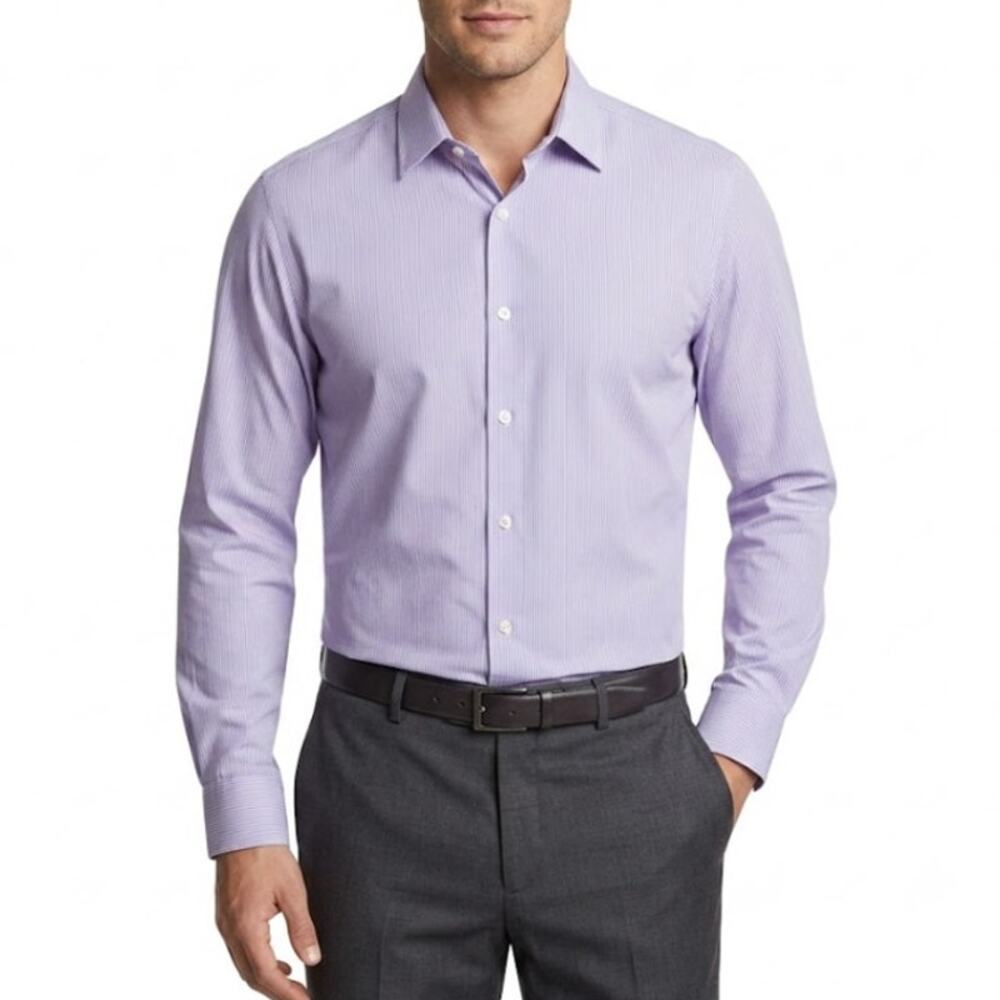 CALVIN KLEIN Non Iron Dress Shirt Long Sleeve Button Up Striped Purple Mens M
